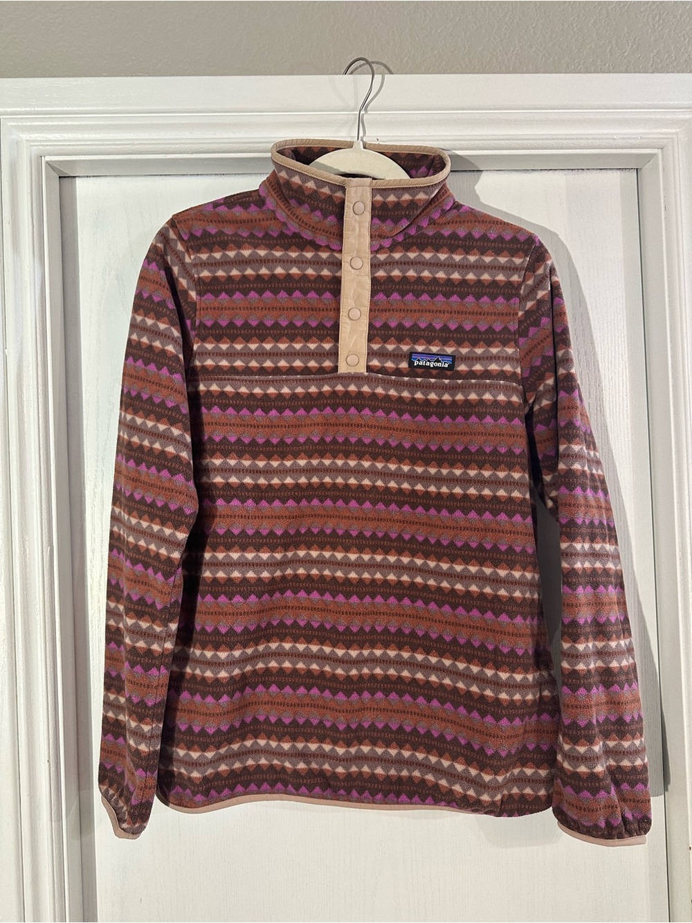 Patagonia Brown and Pink Patterned Snap-Front Fleece Pullover